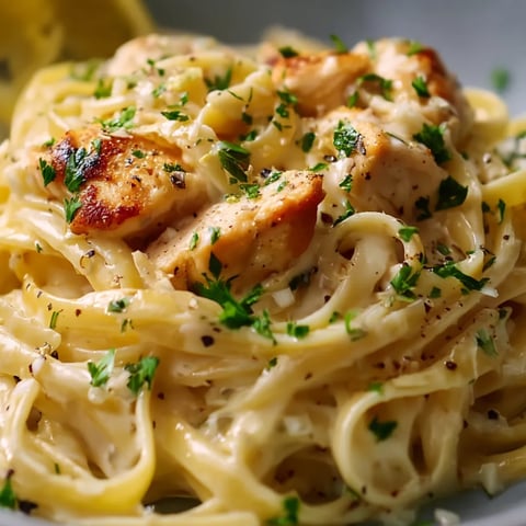 Ein Teller Pasta mit Hähnchen und Kräutern.
