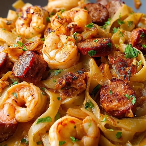 Ein Teller mit Garnelen, Wurst und Nudeln.