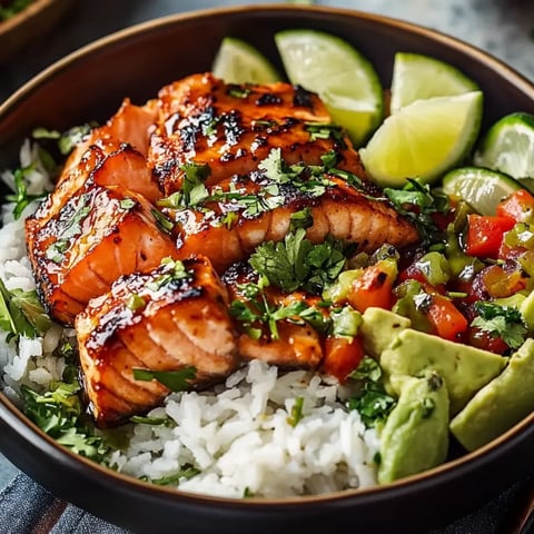 Eine Schale mit Reis, Fisch und Limette.