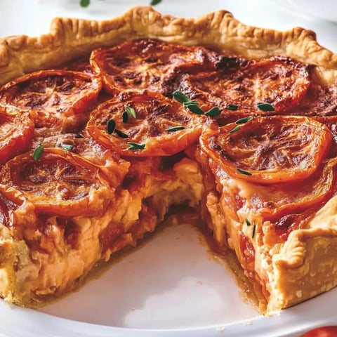 Ein Stück Tomatenkuchen auf einem weißen Teller.