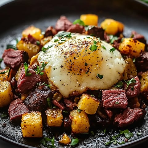 Ein Teller Essen mit Spiegelei darauf.