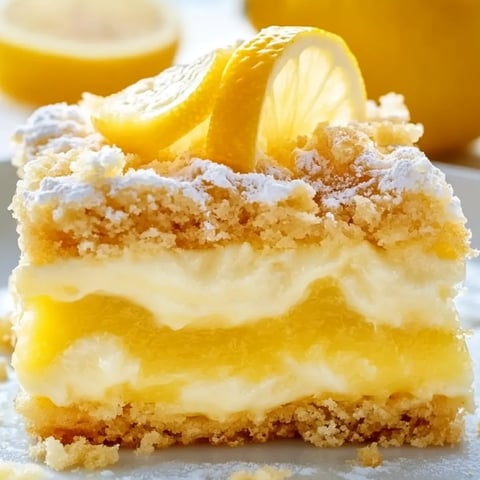 Ein Stück Zitronenkuchen mit Zitronenspalten oben drauf.