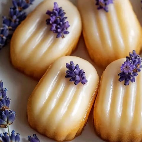 Drei kleine Gebäcke mit violetten Blumen obenauf.