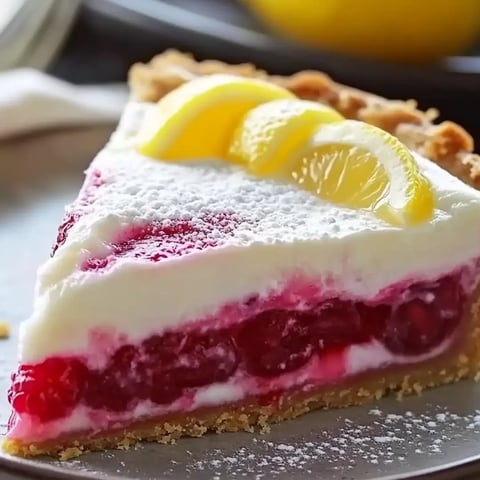 Ein Stück Torte mit Zitronen- und Himbeer-Dekoration.