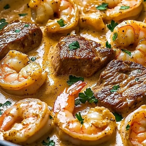 Eine Schüssel mit Garnelen und Rindfleisch in brauner Sauce.