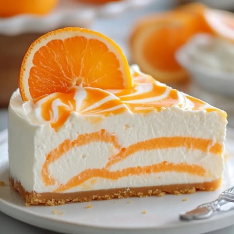 Ein Stück Orangen Cheesecake mit Orangenscheiben obendrauf.