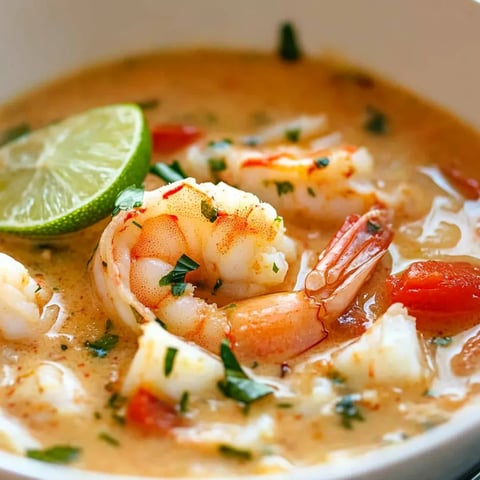 Eine Schüssel Suppe mit Garnelen und Limette.