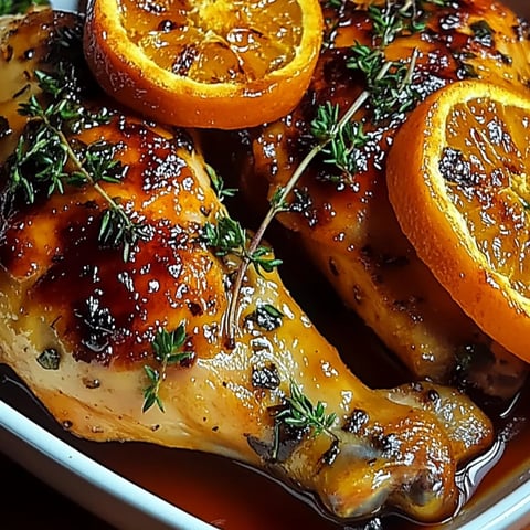 Hähnchen mit Orangenscheiben und Kräutern.