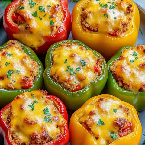 Sechs Paprika mit Käse und Kräutern.