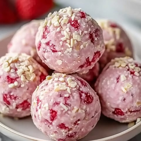 Ein Teller voller rosa Kugeln mit roten Erdbeeren.