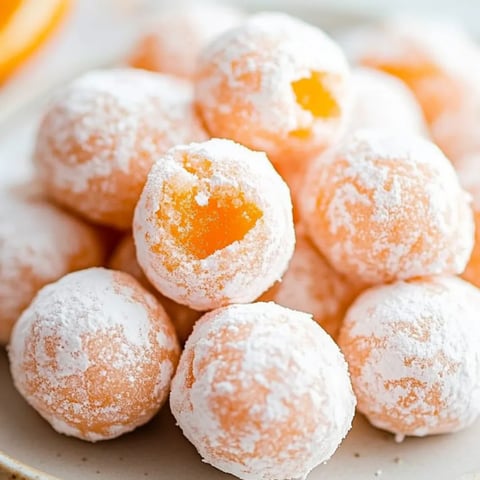 Ein Teller mit Orangen- und weißen Puderzuckerkugeln.