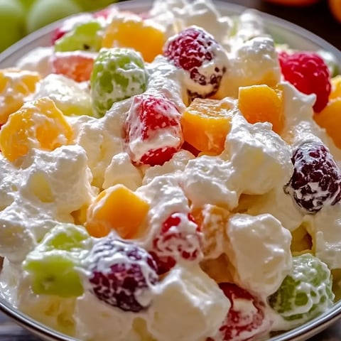 Eine Schüssel Fruchtsalat mit weißer Creme.