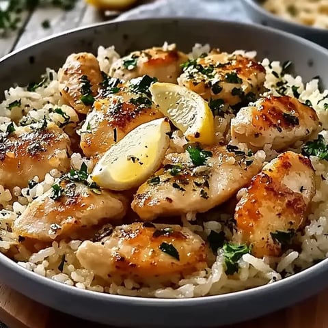 Eine Schale Reis mit Huhn und Zitrone.