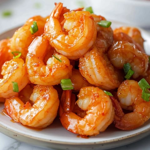 Ein Teller mit Garnelen und Frühlingszwiebeln.