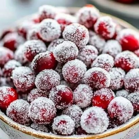 Eine Schüssel rote Beeren mit Zuckerschicht.