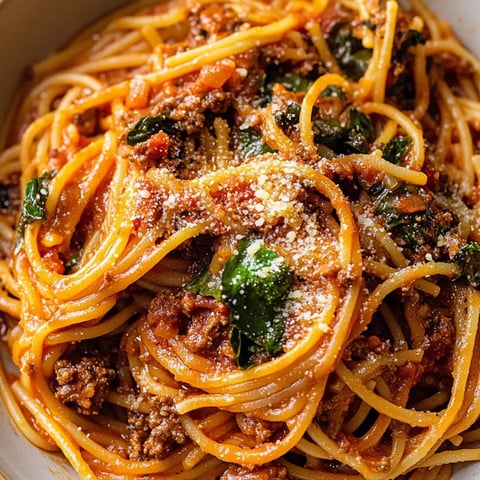 Eine Schale Spaghetti in würziger Soße mit frischen Kräutern.