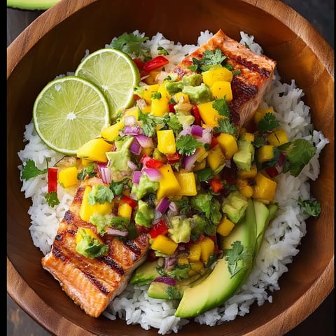 Eine Schale mit Fisch, Reis und Gemüse.