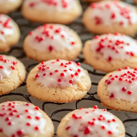 Ein Tablett voller Kekse mit weißer Glasur und roten Zuckerstreuseln.