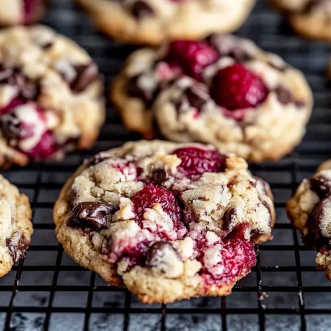 Ein Cookie mit Schokostückchen und Himbeeren.