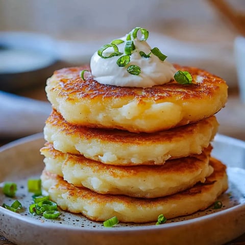 Ein Stapel Puffer, garniert mit einem Klecks Sauerrahm.