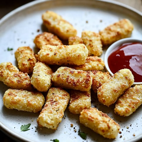 Ein Teller mit knusprigen Blumenkohl-Bites und einer Ketchup-Dip-Sauce.