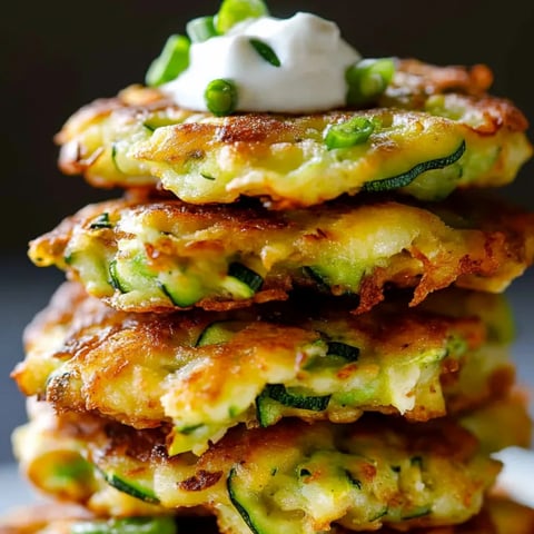 Ein hoher Stapel Zucchini-Puffer mit Sauerrahm und grünem Dekor.