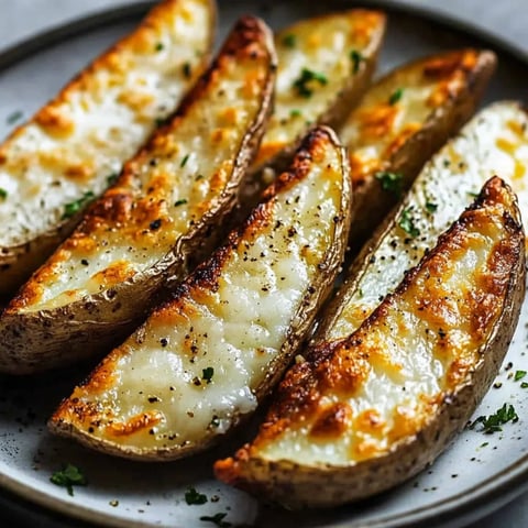 Ein Teller gebackener Kartoffelspalten mit Käse.