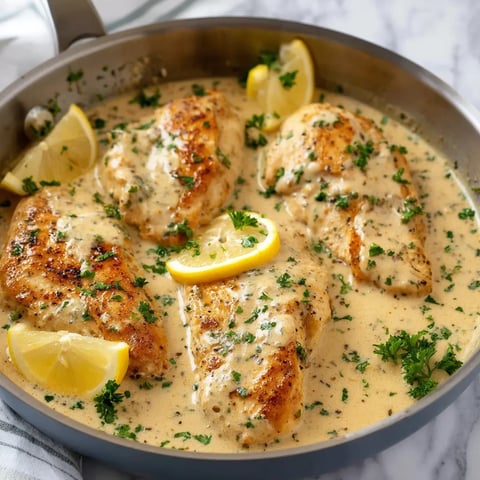 Eine Pfanne mit Hähnchen, Zitrone und Kräutern.