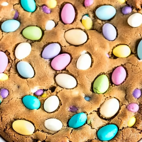 Ein großer Keks mit bunten Schokodrops dekoriert.