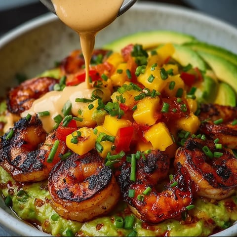 Garnelen Avocado Schalen mit Mango Salsa und Limetten-Chili-Sauce.