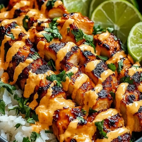 Eine Schale mit Reis und Hähnchen, garniert mit einer Limettenspalte.