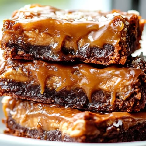 Ein Stapel Brownies mit flüssigem Karamell oben drauf.