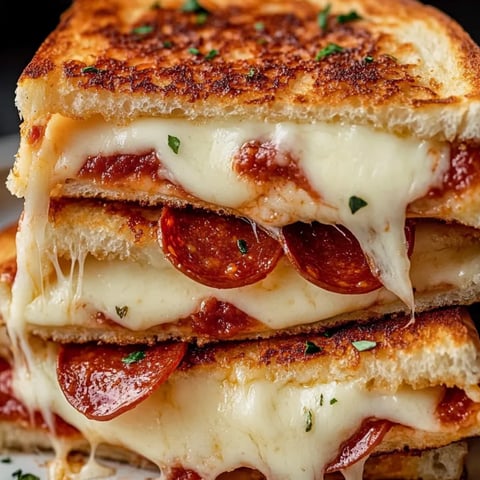 Drei goldbraune Toasts mit Käse und Pepperoni übereinandergestapelt.