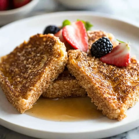 Ein Teller French Toast mit Erdbeeren und Blaubeeren.