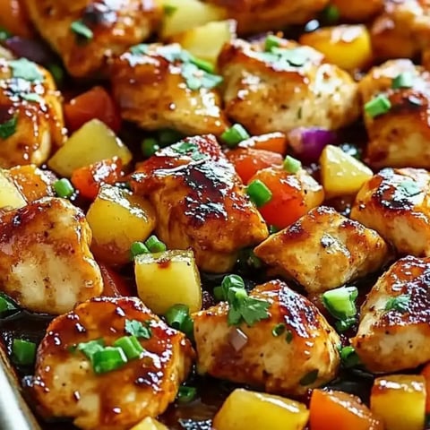 Ein Blech mit Huhn, Ananas und Zwiebeln.