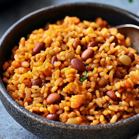 Eine Schüssel Reis mit Bohnen und Erbsen.