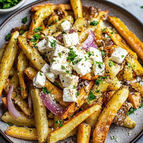 Ein Teller mit Pommes, Käse und Zwiebeln.