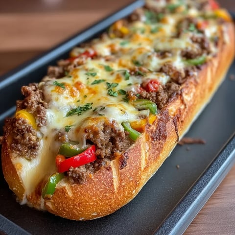 Ein Sandwich mit Fleisch und Käse auf schwarzem Tablett.