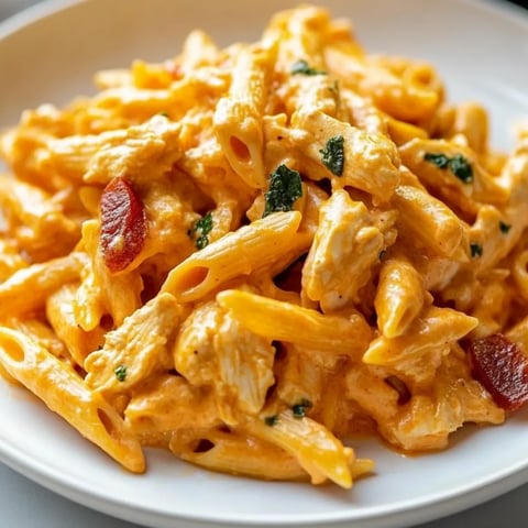 Ein Teller Pasta mit Hähnchen und Käse.