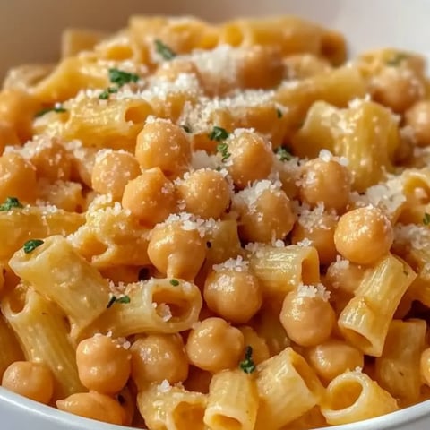 Ein Teller Nudeln mit Kichererbsen.