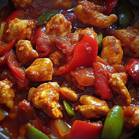 Eine Schüssel mit Hähnchen und Paprika.