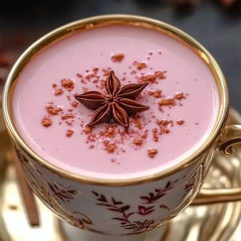 Eine Tasse rosa Flüssigkeit mit einem sternförmigen Gewürz obendrauf.