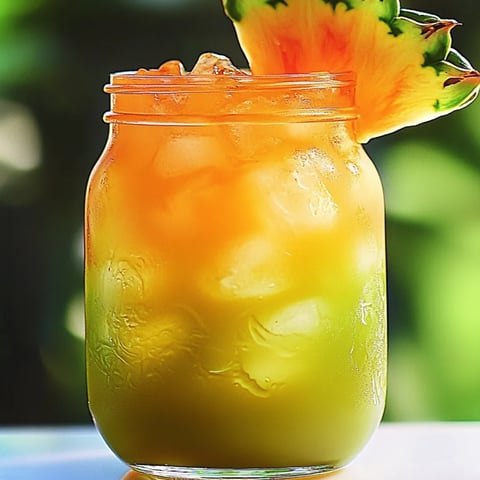 Ein Glas Orangensaft mit einer Ananasscheibe darin.