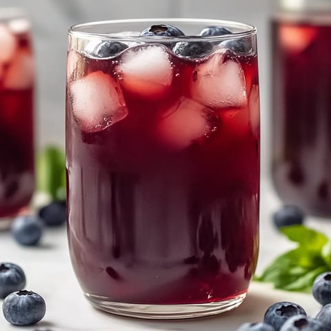 Ein Glas rot leuchtender Blaubeer-Eistee.