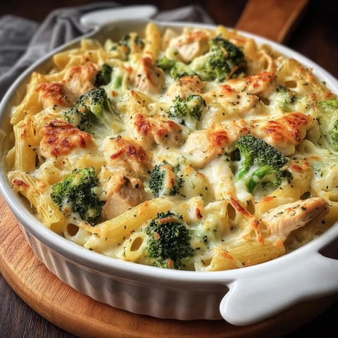 Eine Schüssel Pasta mit Brokkoli und Hähnchen.