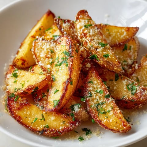 Ein Teller mit goldbraunen Kartoffelspalten, garniert mit Käse.