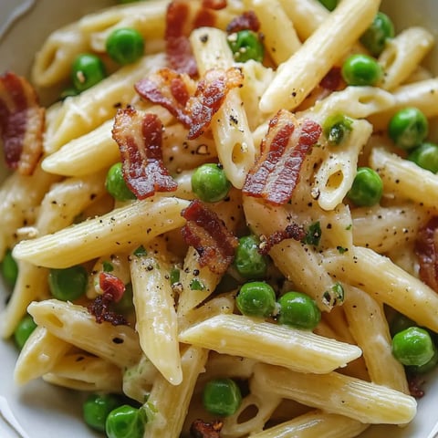 Eine Schüssel Pasta mit Erbsen und Speck.