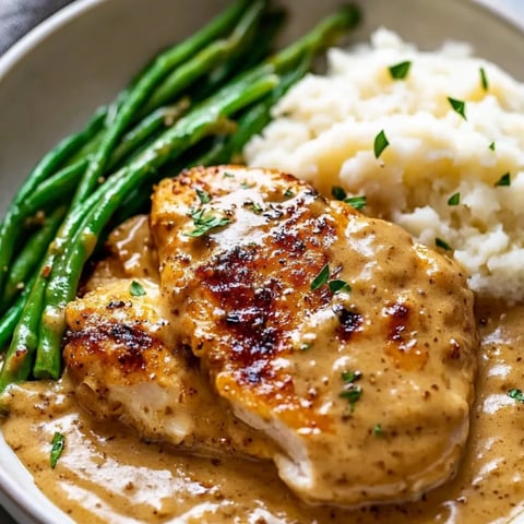 Ein Teller mit Huhn, Reis und grünen Bohnen.