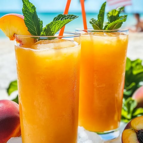 Zwei Gläser mit orangem Saft und Minzblättern.