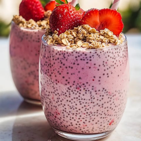 Zwei Gläser mit Joghurt, Granola und Erdbeeren.